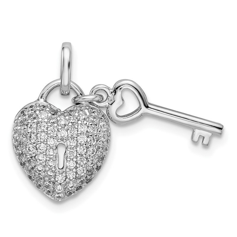Sterling Silver Rhodium Plated CZ Heart Key Pendant 