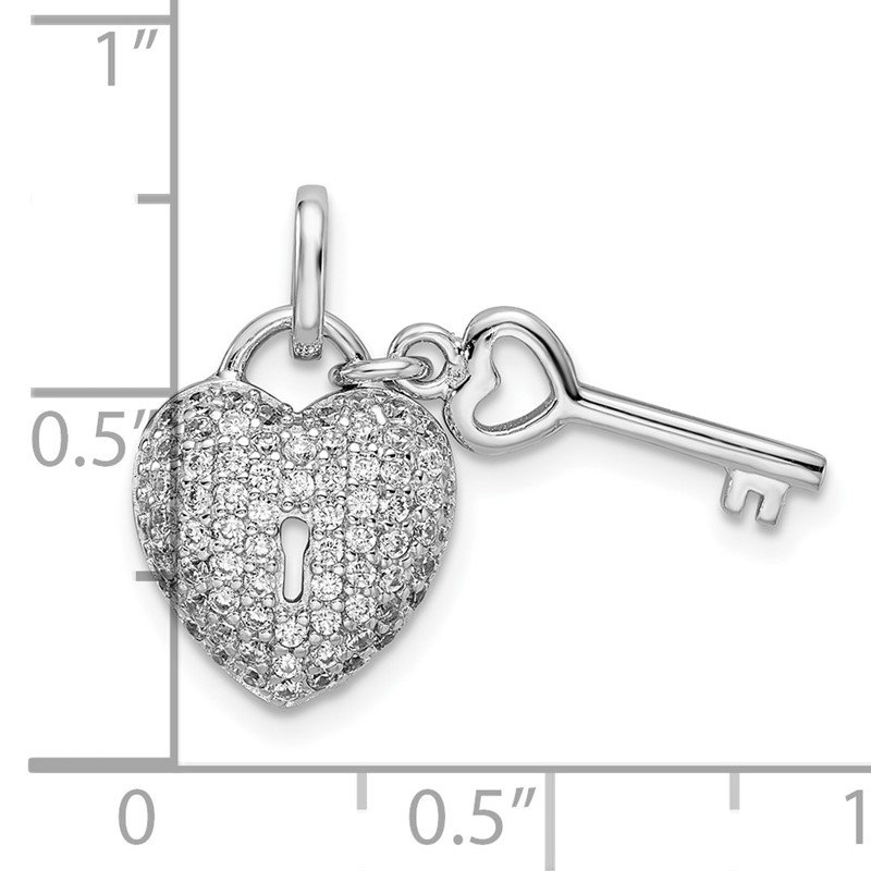 Sterling Silver Rhodium Plated CZ Heart Key Pendant 