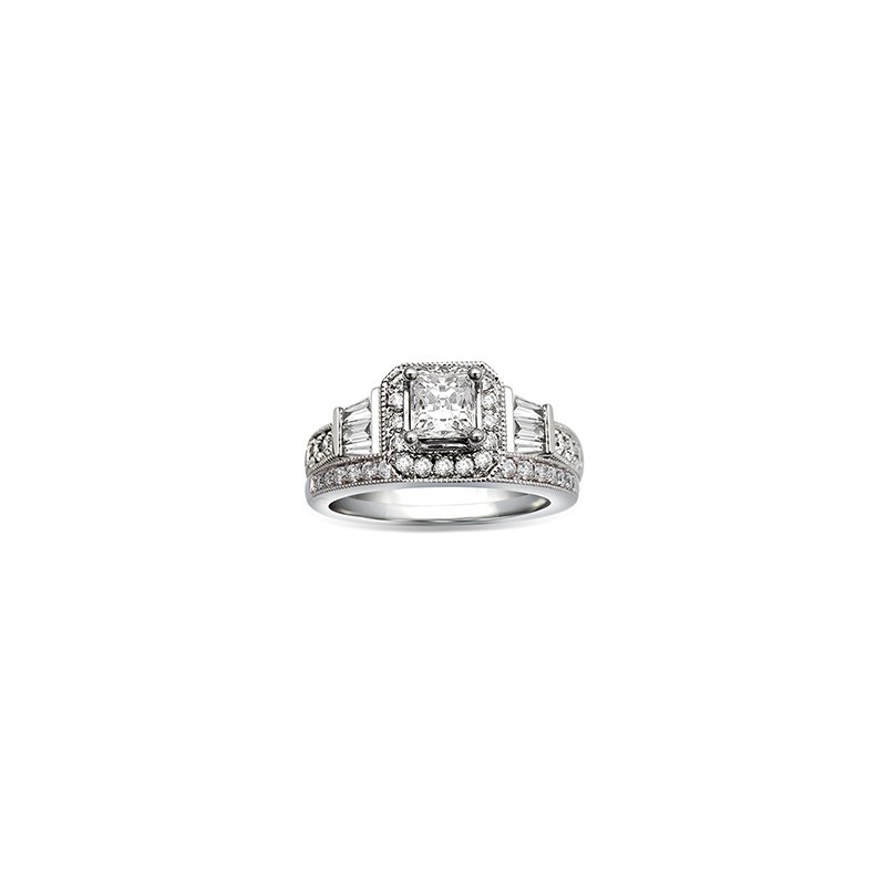 White gold, beaded, princess diamond halo engagement ring