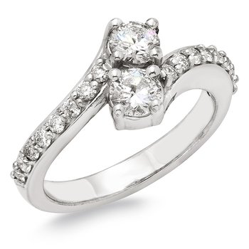 White gold, 2-stone, stacked diamond ring with diamond shank
