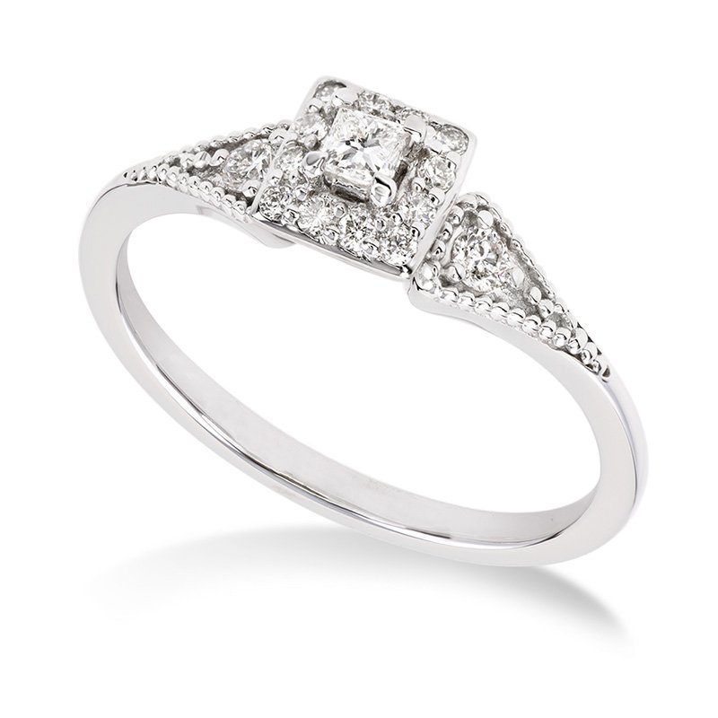 White gold, vintage-inspired petite princess diamond halo engagement ring