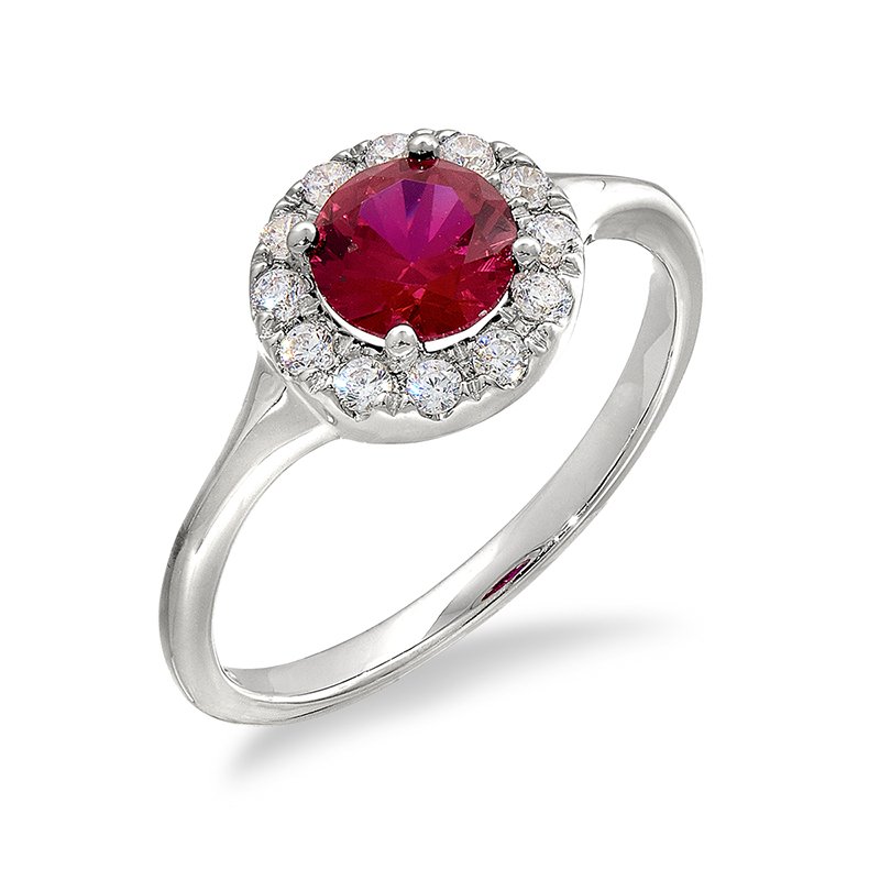 Sterling silver, cubic zirconia, and synthetic ruby round halo fashion ring