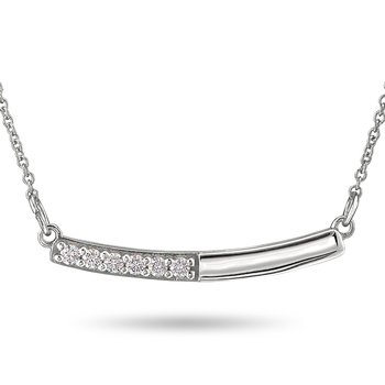White gold and round diamond curved bar necklace