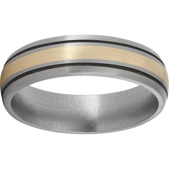 Titanium Domed Band with a 2mm 14K Yellow Gold Inlay, Two .5mm grooves with Antiquing, and Satin Finish