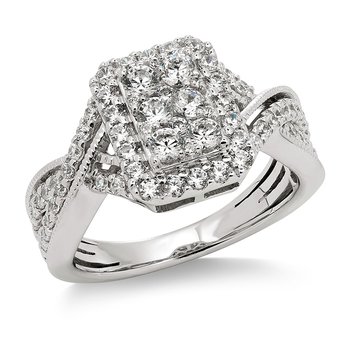 White gold, emerald-cut shape, round diamond halo fashion ring with twisted shank