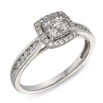 White gold, cushion-shape diamond cluster halo engagement ring