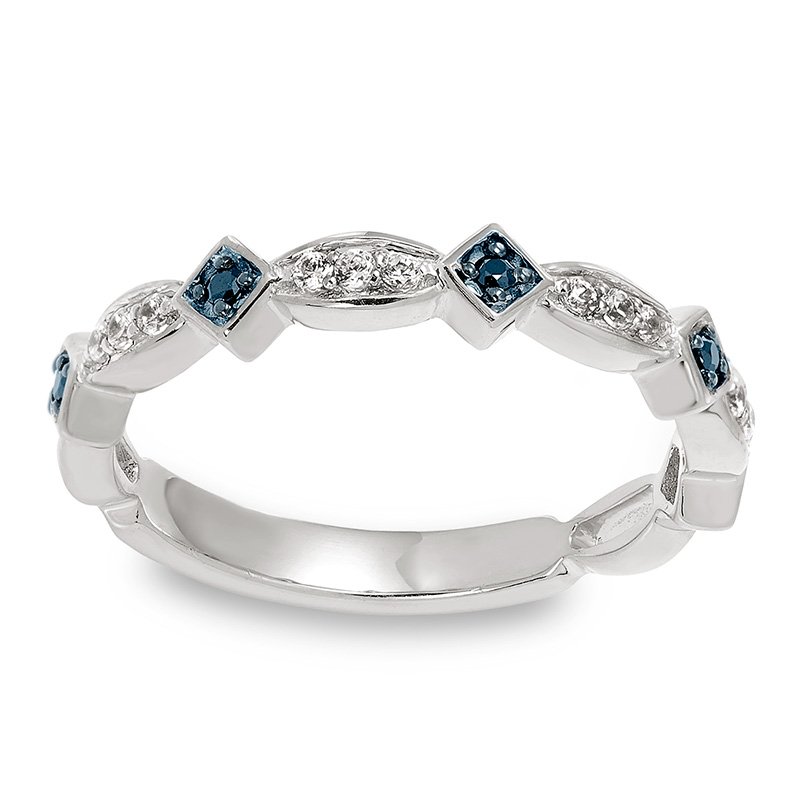 White gold stackable band with blue and white diamonds