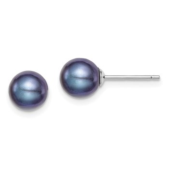 Sterling Silver Rh-plated 7-8mm Black FW Cultured Round Pearl Stud Earrings