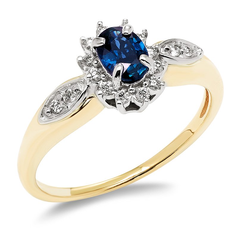 Two-tone gold, oval genuine sapphire and diamond fashion ring