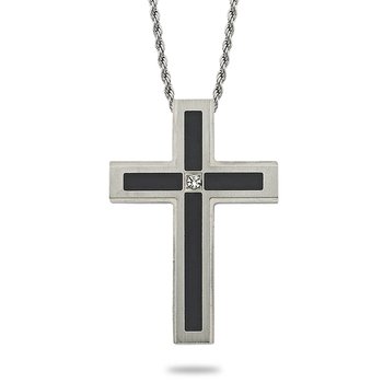 Stainless Steel cross pendant with black plating and simulated diamond