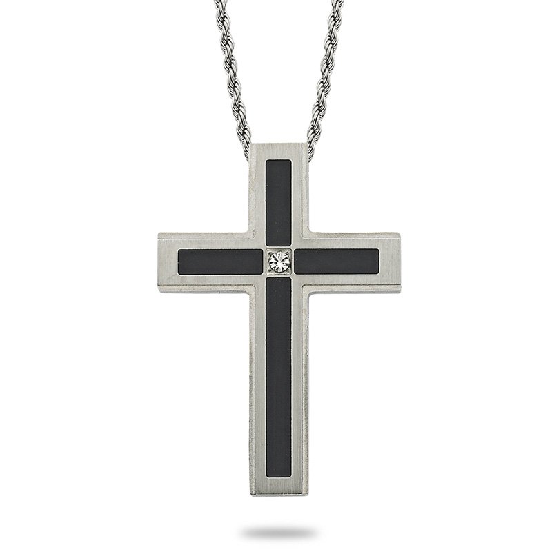 Stainless Steel cross pendant with black plating and simulated diamond