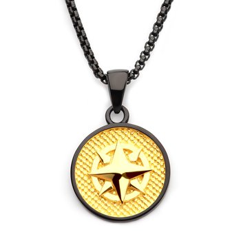 18Kt Gold IP Wayfinder Compass Medallion Pendant with Black IP Box Chain SSP17420NK