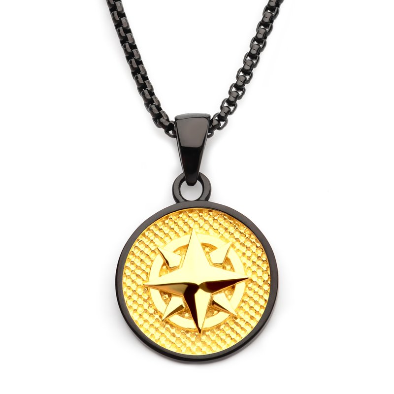 INOX Jewelry 18Kt Gold IP Wayfinder Compass Medallion Pendant with Black IP Box Chain