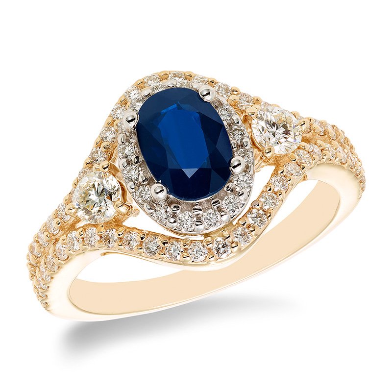 Two-tone gold, oval genuine sapphire and diamond halo ring