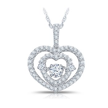 White gold, double heart diamond pendant with round, twinkling diamond