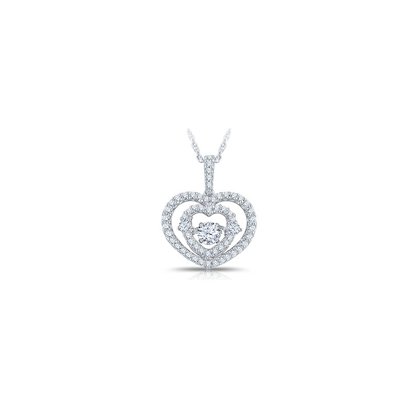 White gold, double heart diamond pendant with round, twinkling diamond