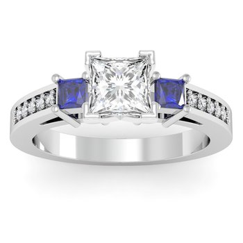 Blue Sapphire Princess Cut Pave Diamond Engagement Ring