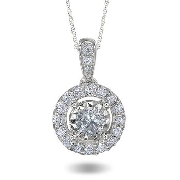 White gold, round diamond halo pendant