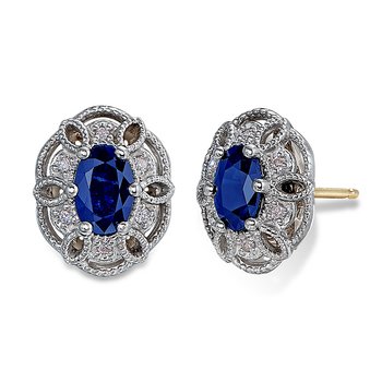 Two-tone gold, oval genuine sapphire and diamond stud earrings