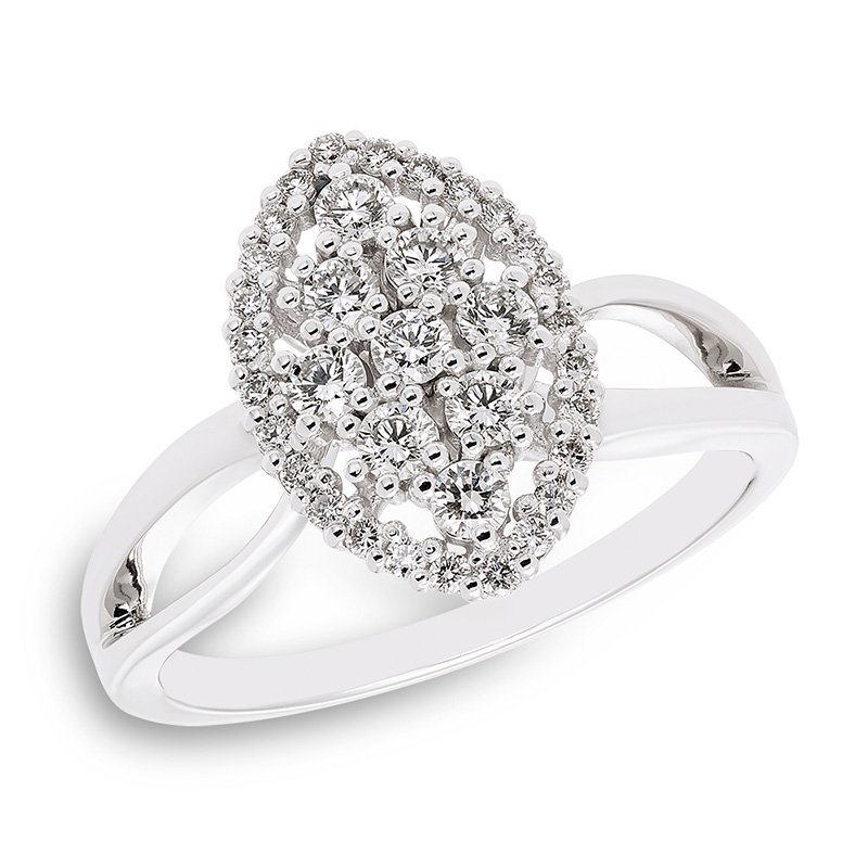 White gold, marquise-shape diamond engagement ring with split shank