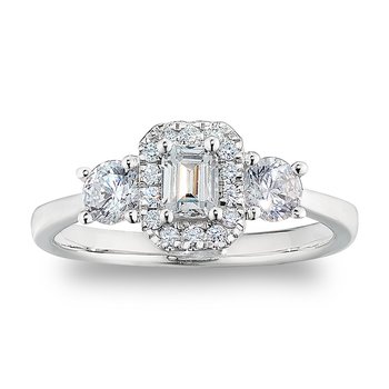 Elaine; white gold, 3-stone, emerald-cut and round diamond ring