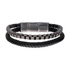 INOX Jewelry Multi Strand Leather and Stainless Steel Box Chain Stacking Duo Bracelet BR42010
