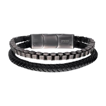 Multi Strand Leather & Stainless Steel Box Chain Stacking Duo Bracelet