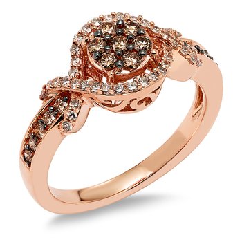 Rose gold with round caramel diamonds surrounded by a halo of white diamonds ring