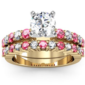 Round Diamond & Pink Sapphire Engagement Ring with Matching Wedding Band