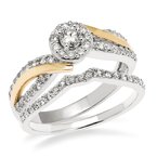 Two-tone gold, and round diamond halo bridal set