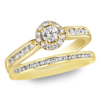 Yellow gold round diamond halo bridal set