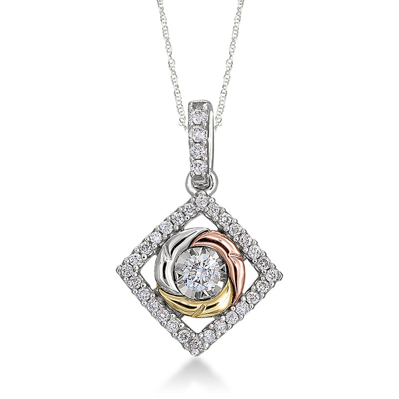 Tri-tone gold, square diamond halo pendant with round diamond illusion center