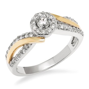 Two-tone gold, and round diamond halo engagement ring