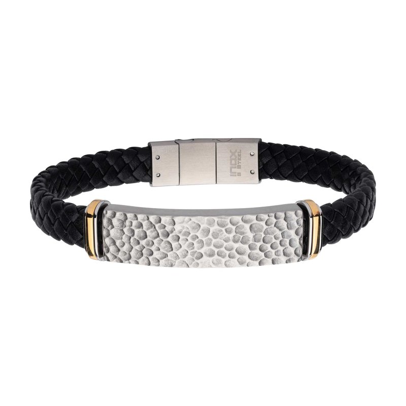 INOX Jewelry Black Leather with Blacksmith Hammered ID Bracelet