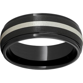 Black Diamond Ceramic™ Domed Grooved Edge Band with a 2mm Sterling Silver Inlay and Stone Finish