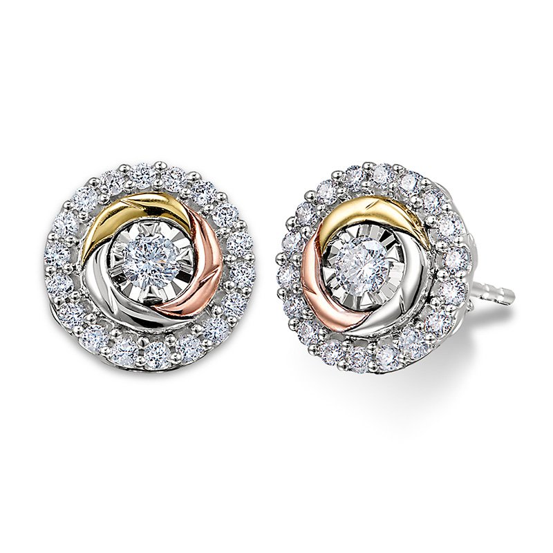 Rose, yellow and white gold diamond circle halo stud earrings