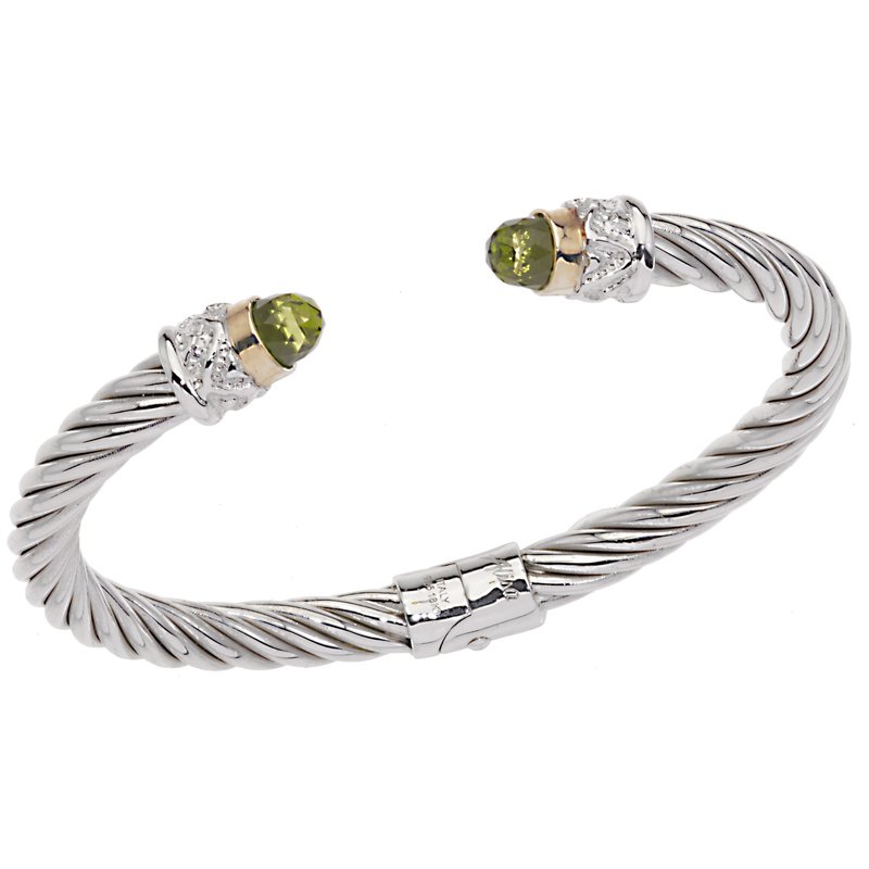 Alisa AO 12-952 FP Yellow Gold Bezel Set Faceted Peridot cabochons Twisted Cable Sterling Spring Cuff Bracelet