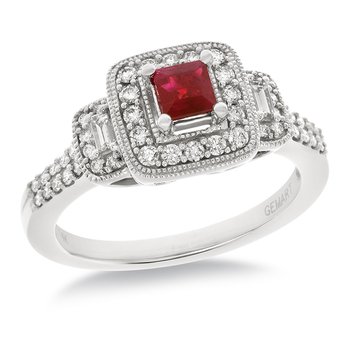 White gold, princess-cut genuine ruby and diamond halo ring
