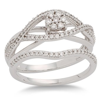White gold, petite round diamond bridal set with crossed shank