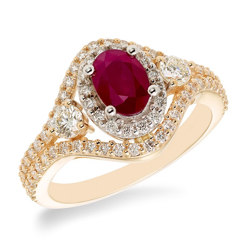 Two-tone gold, oval genuine ruby and diamond halo ring