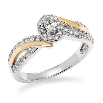 Two-tone gold, oval diamond halo engagement ring