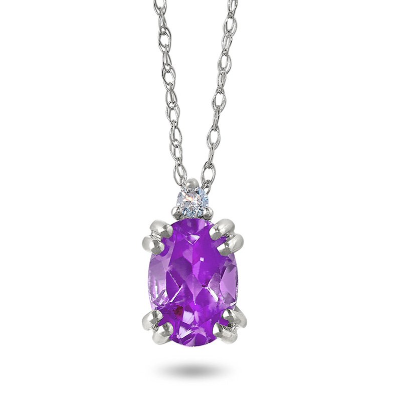 White gold, oval genuine amethyst and diamond pendant