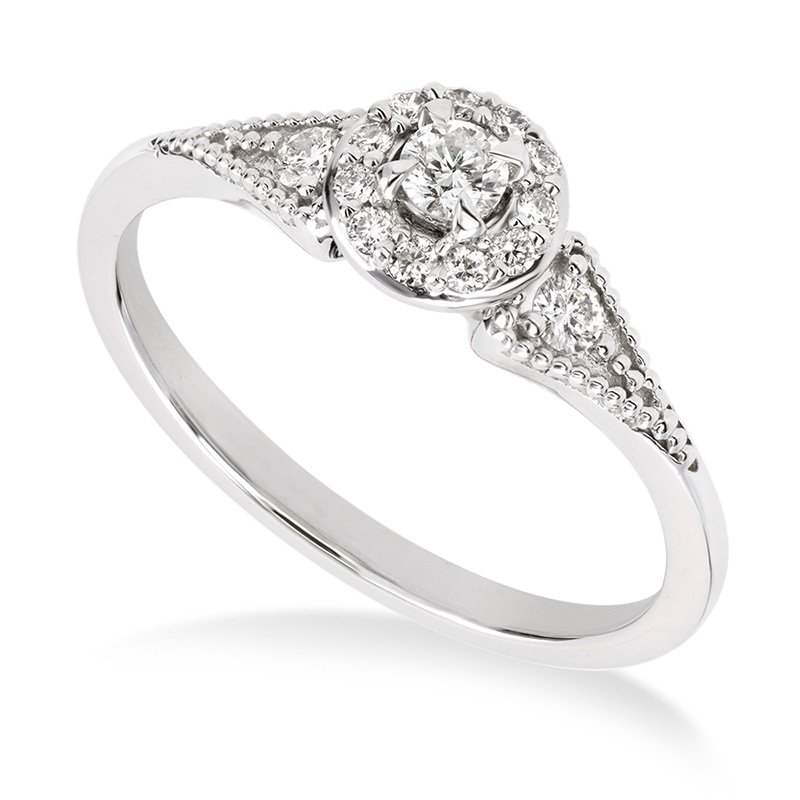 White gold, vintage-inspired petite round diamond halo engagement ring