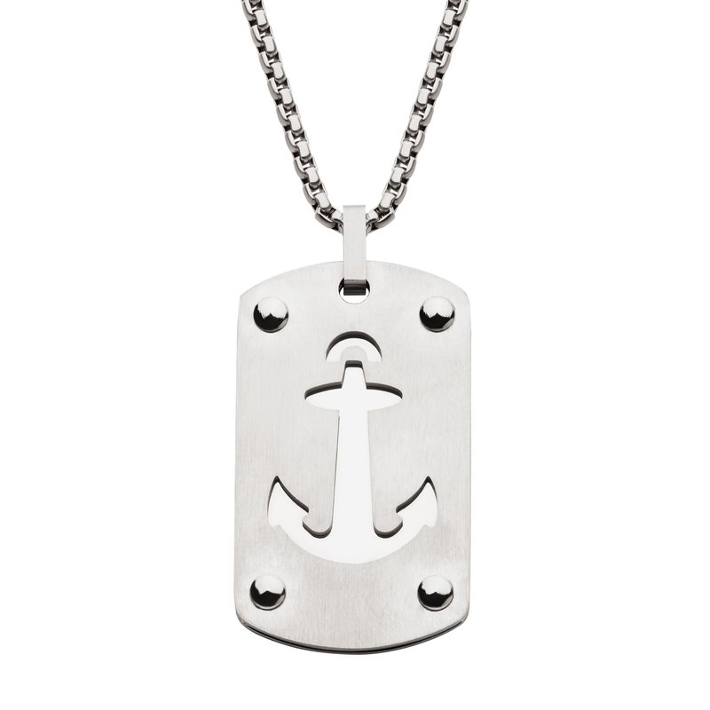 INOX Jewelry Stainless Steel Etched Anchor Dog Tag Pendant with Box Chain
