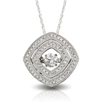 White gold, cushion-shape double halo pendant with twinkling center diamond cluster