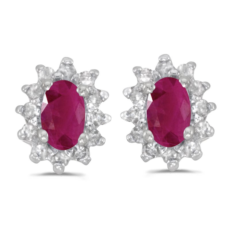 10k White Gold Oval Ruby And Diamond Earrings 