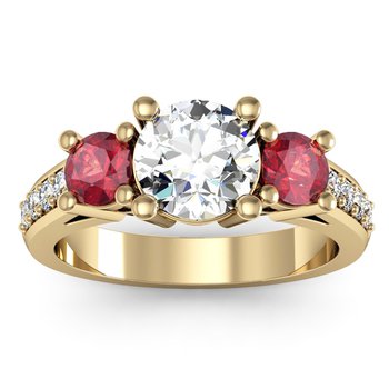 Three Stone Ruby Pave Set Diamond Ring
