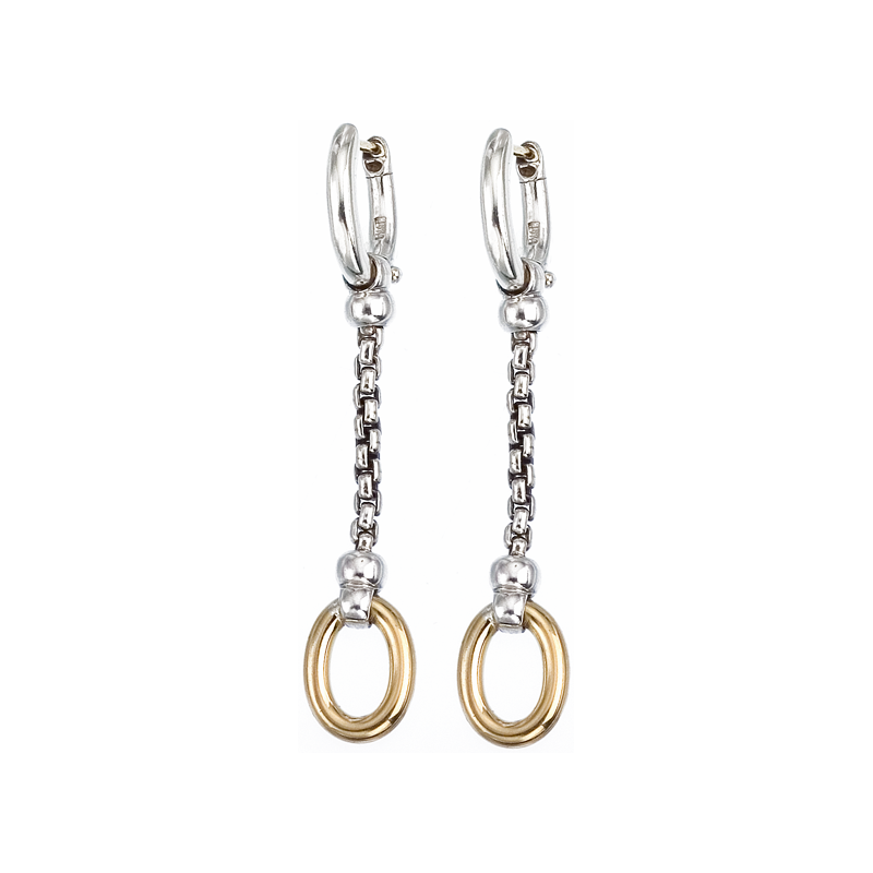 Alisa VHE 704 Sterling Single Box Chain Earrings with Shiny Yellow Gold Oval Drop VHE 704