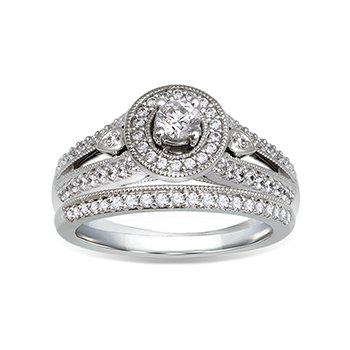White gold, round diamond halo engagement ring with beading