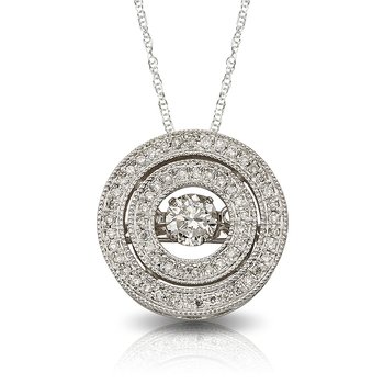 White gold, round double halo pendant with twinkling center diamond cluster